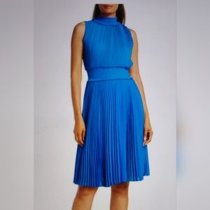 NANETTE LEPORE COLBAT BLUE ACCORDION PLEATED SMOKED WAIST MOCK NECK DRESS
